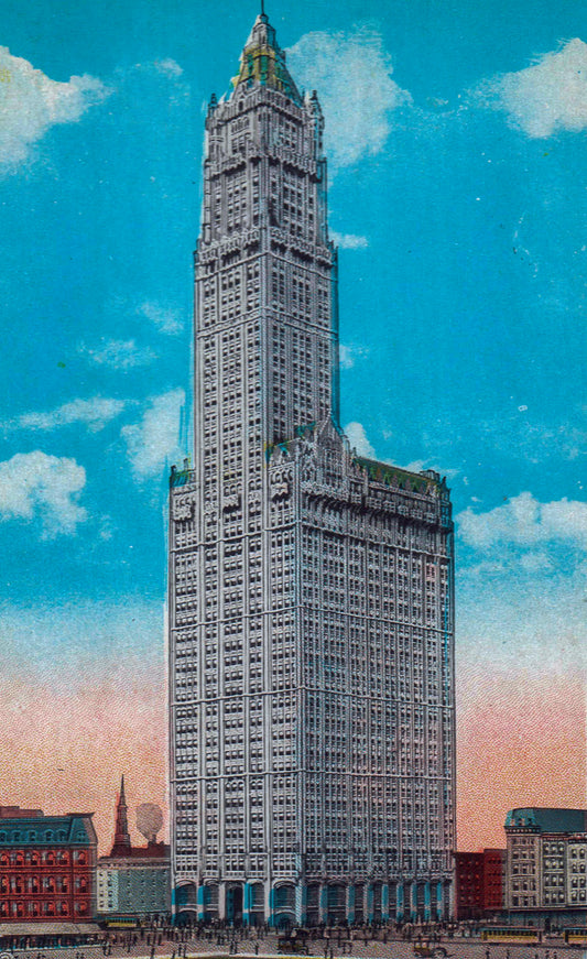 Vintage Woolworth Building New York postcard illustration inspiration for Manhattan Towers silk scarf collection by Leeloo + Zohan—Square Scarf