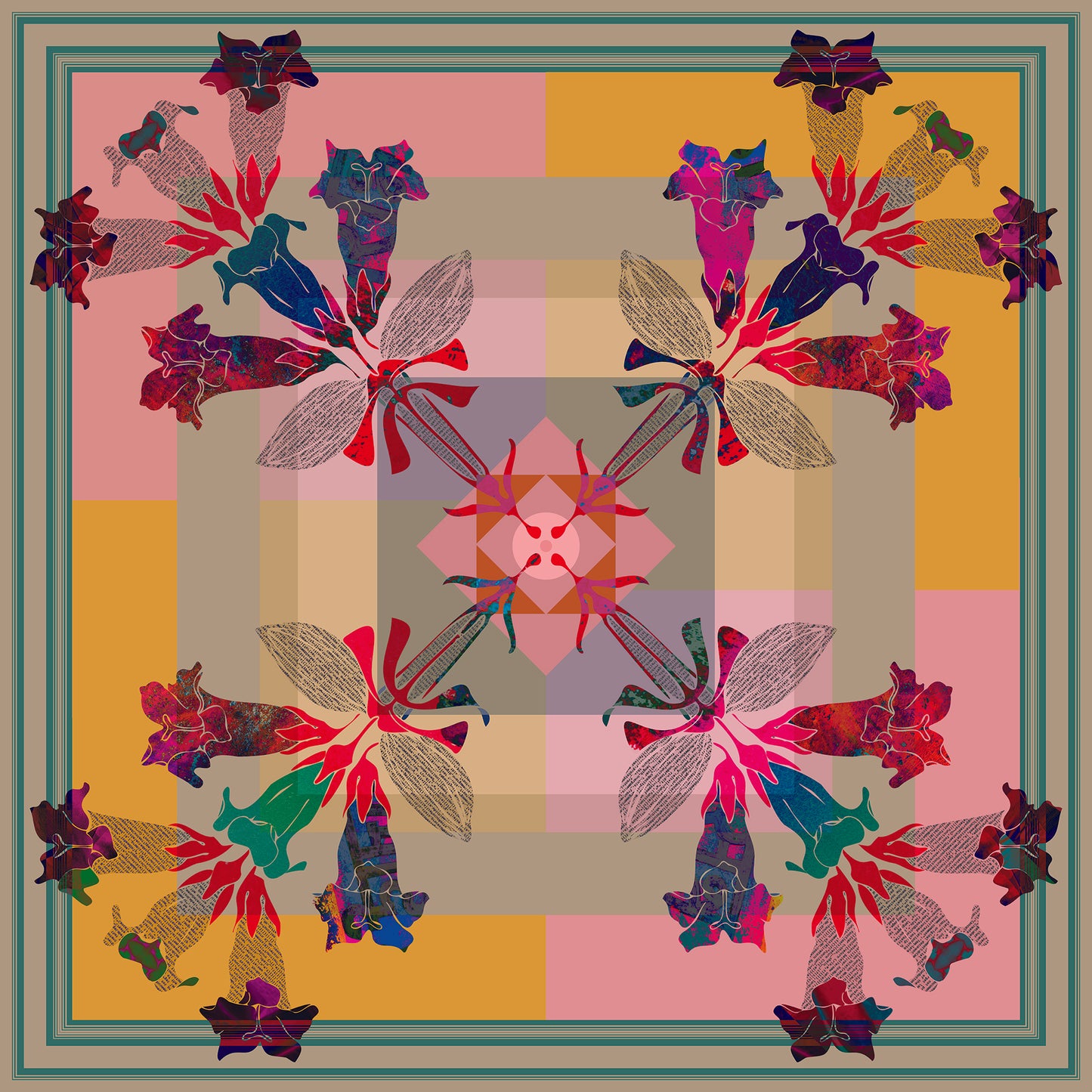 American Folk Art 100% Silk Scarf by Leeloo + Zohan featuring a handcrafted floral design in vibrant colors on a geometric background.