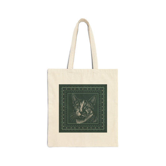 Le Chat Zohan Tote Bag in natural with woodcut cat portrait on forest green background by Leeloo + Zohan — Bags