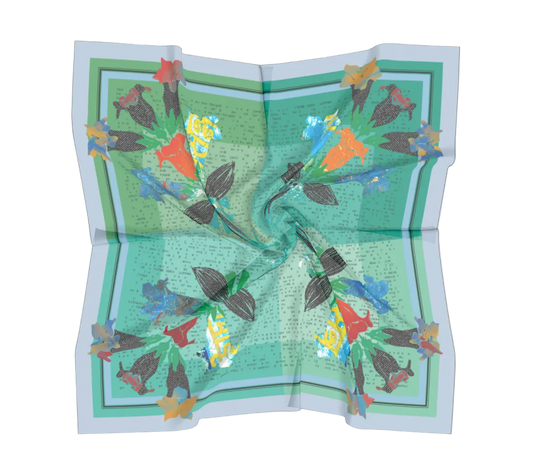 Handcrafted American Folk Art Scarf by Leeloo + Zohan displayed in a twisted position, highlighting its vibrant floral design and luxurious silk habotai texture.