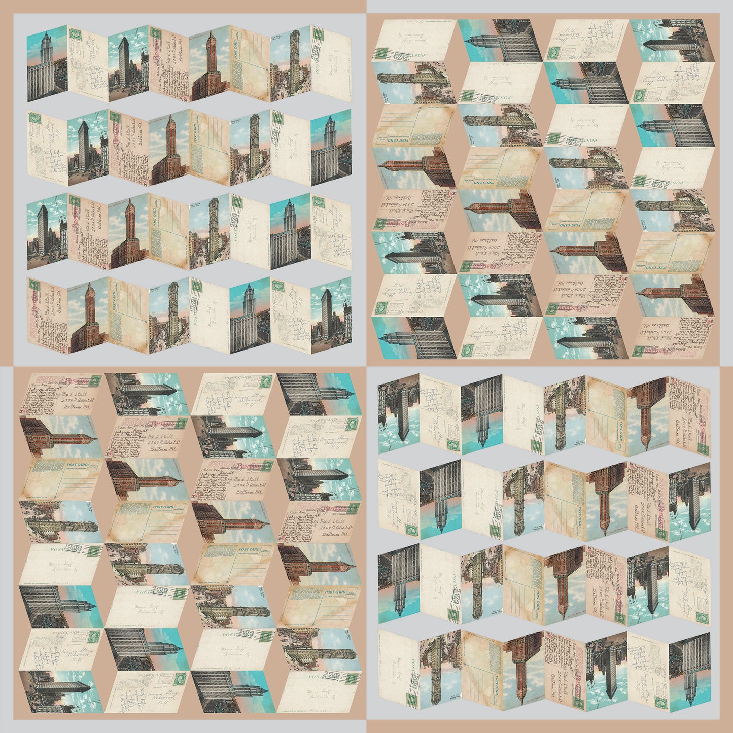 A seamless pattern showcasing the Manhattan Towers 2.0 scarf by Leeloo + Zohan, featuring vintage postcards of New York City landmarks in a geometric patchwork design.