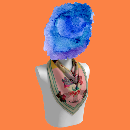 American Folk Art 1.3 silk scarf draped on mannequin bust on orange background by Leeloo + Zohan