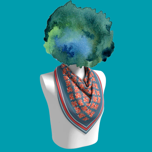 Beach People 1.0 silk scarf tied on mannequin bust on teal background by Leeloo + Zohan