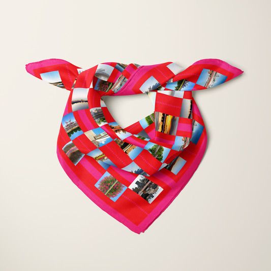 False Mirror Pattern silk scarf styled on the shoulders—edge-play detail—Scarf
