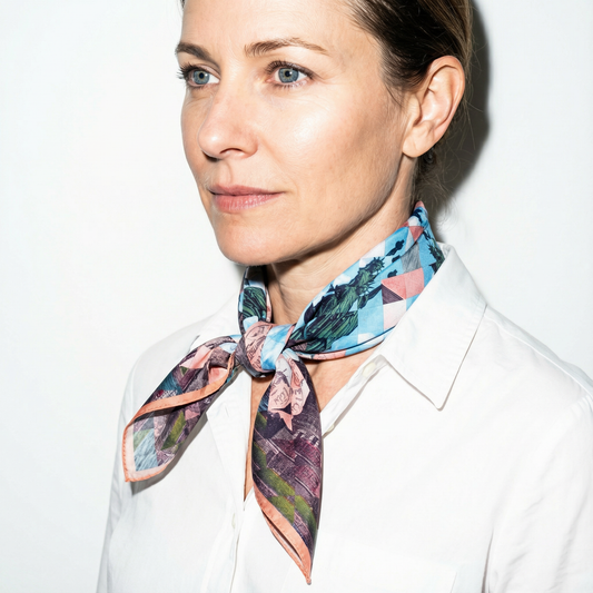Model wearing Statue of Liberty 1.2 silk scarf as neck scarf by Leeloo + Zohan — Square Scarf