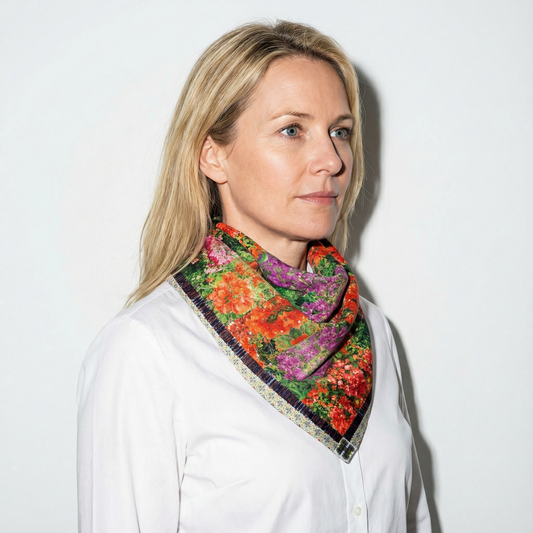 Model wearing Makena Bloom silk scarf as neck wrap with tropical floral design by Leeloo + Zohan