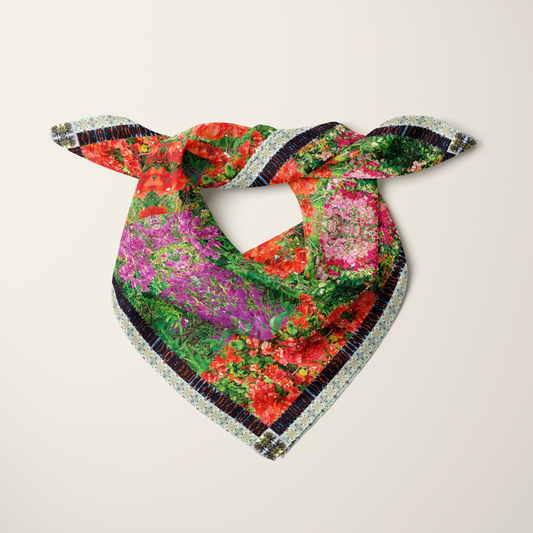 Makena Bloom silk scarf styled on the shoulders—habotai drape detail—Square Scarf