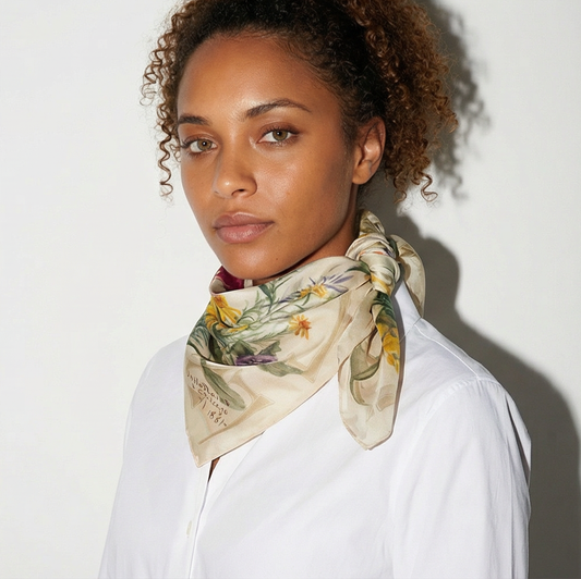 Model wearing On The Plains & Chicago silk scarf as neck wrap with botanical wildflower design by Leeloo + Zohan