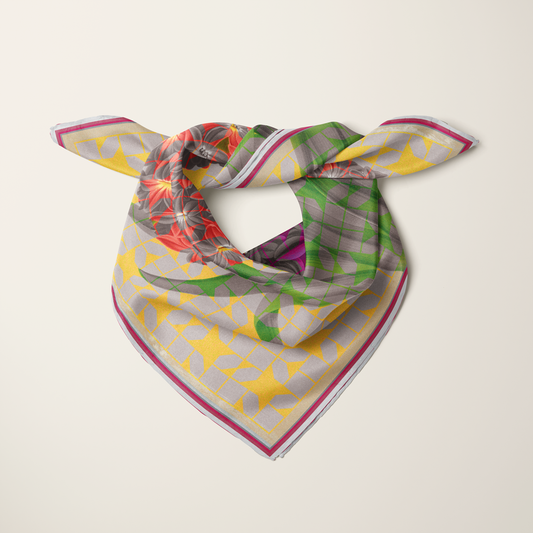 Solfatara + Mimosa silk scarf tied around the shoulders—delicate Italian botanical detail—Square Scarf