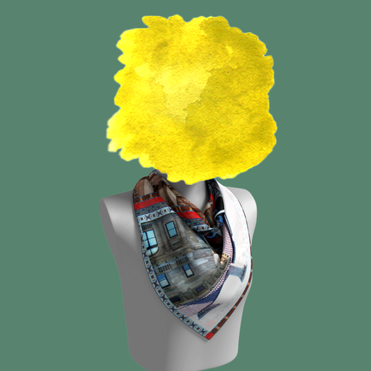 St. Peter's Cottage silk scarf loosely draped on mannequin bust on sage green background by Leeloo + Zohan