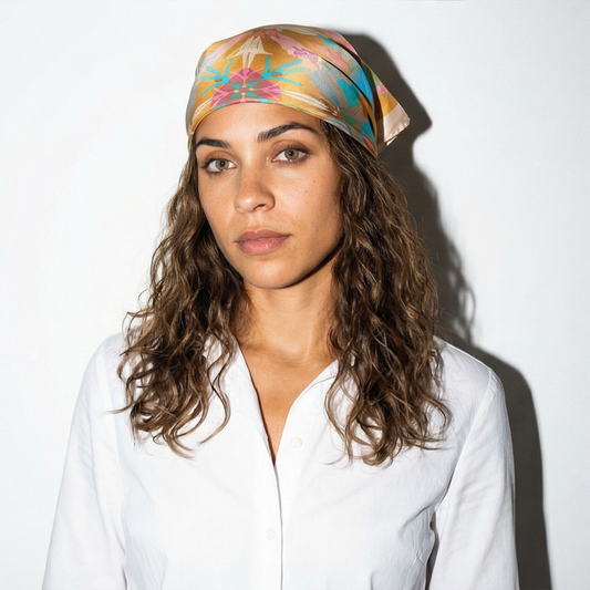 Model wearing American Folk Art 1.1 silk scarf as a headscarf with white button-down shirt by Leeloo + Zohan
