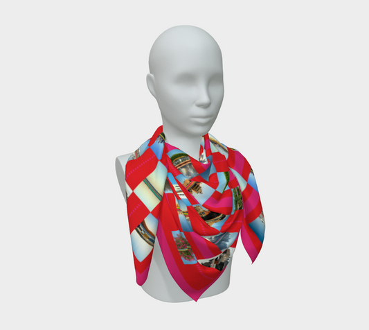 False Mirror Pattern silk scarf tied on mannequin on white background by Leeloo + Zohan