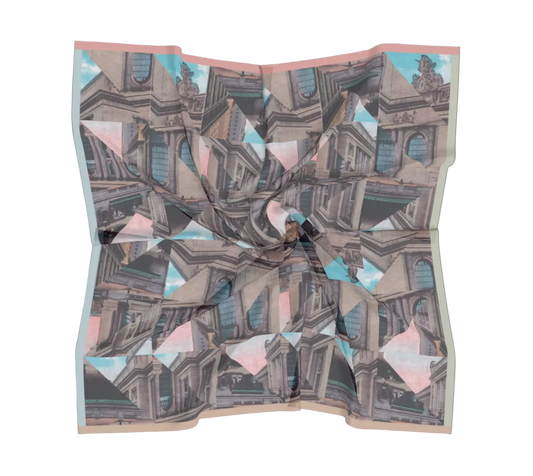 Grand Central Terminal square silk scarf draped showing geometric collage of Beaux-Arts facade by Leeloo + Zohan