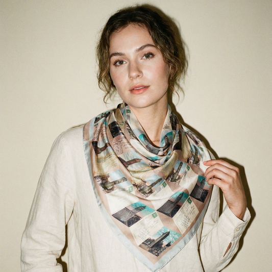 Model wearing Manhattan Towers 2.0 silk scarf as neck wrap with geometric NYC postcard collage design by Leeloo + Zohan