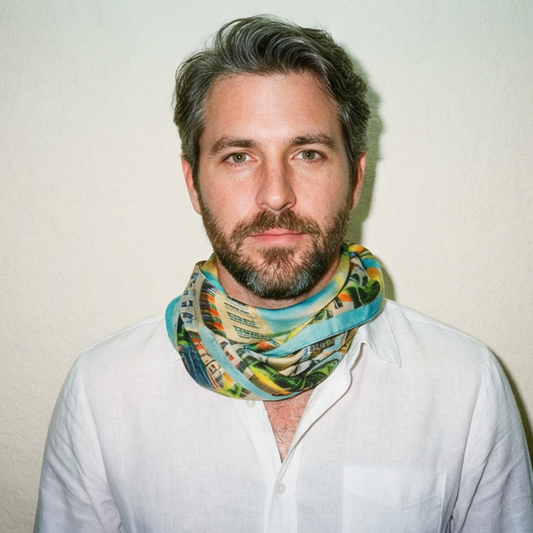 Model wearing Shelborne Hotel, Miami silk scarf as neck wrap by Leeloo + Zohan — Square Scarf