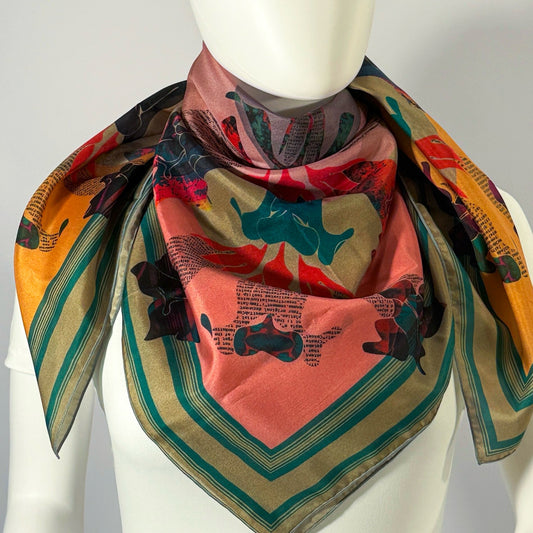 American Folk Art, Patchwork silk scarf tied at the neck — shown on form.—Square Scarf