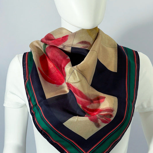 M.M.V. 5.11.1876 silk scarf tied at the neck — shown on form.—Square Scarf