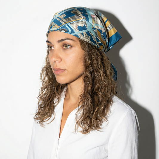 Model wearing Egyptian P. Chrysler silk scarf as headscarf by Leeloo + Zohan