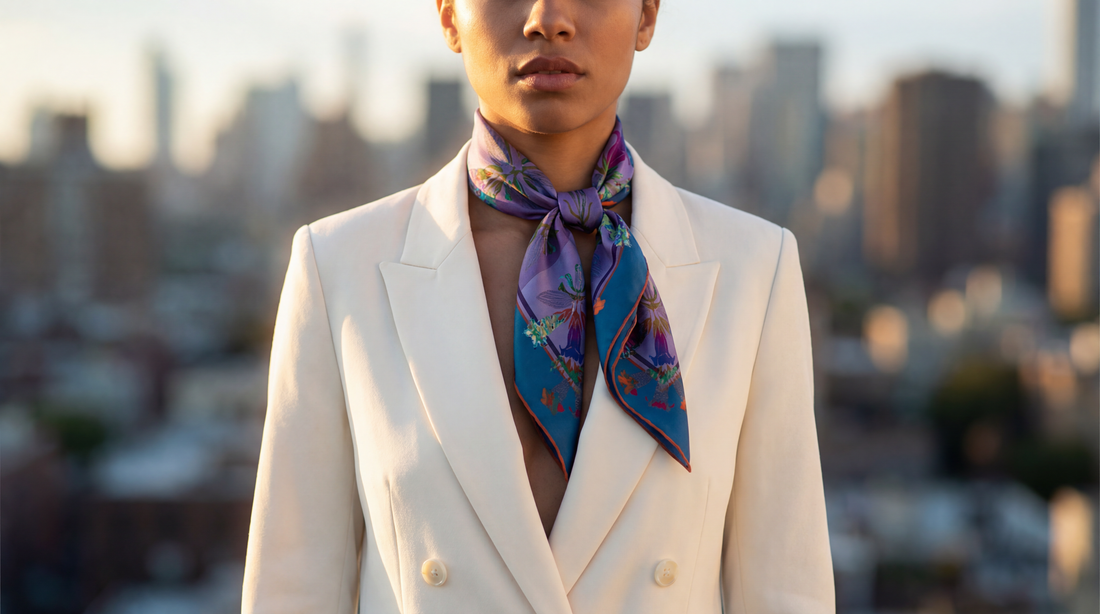 Art silk scarf styled at the neck—how to wear a museum-archival design on silk, Leeloo + Zohan—Journal