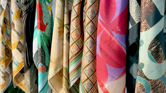 A silk scarf knotted at the neck over a white oxford shirt, the Manhattan skyline at golden hour.—Journal