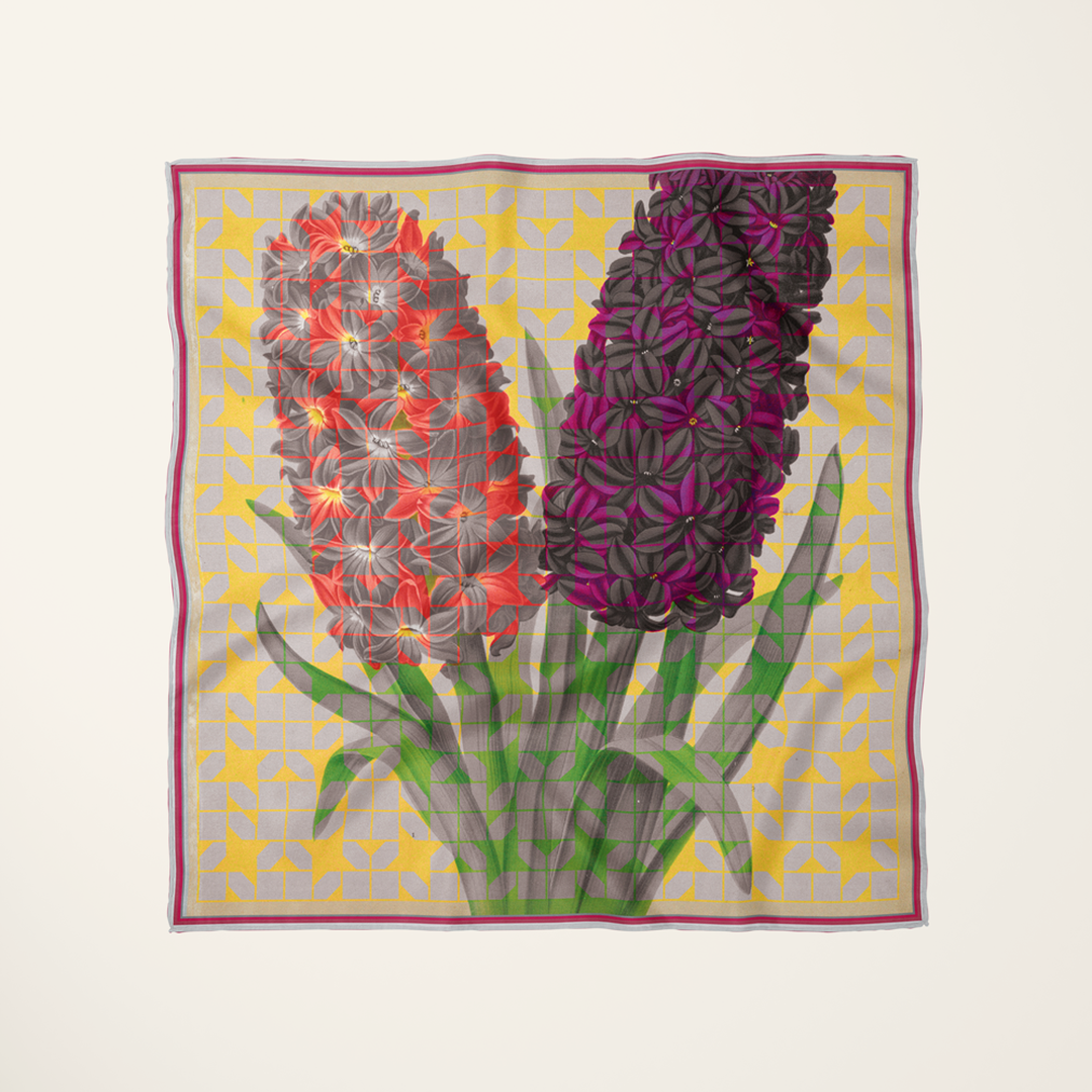 Solfatara + Mimosa silk scarf—two antique hyacinths from a nineteenth-century plate, recolored on silk—Journal
