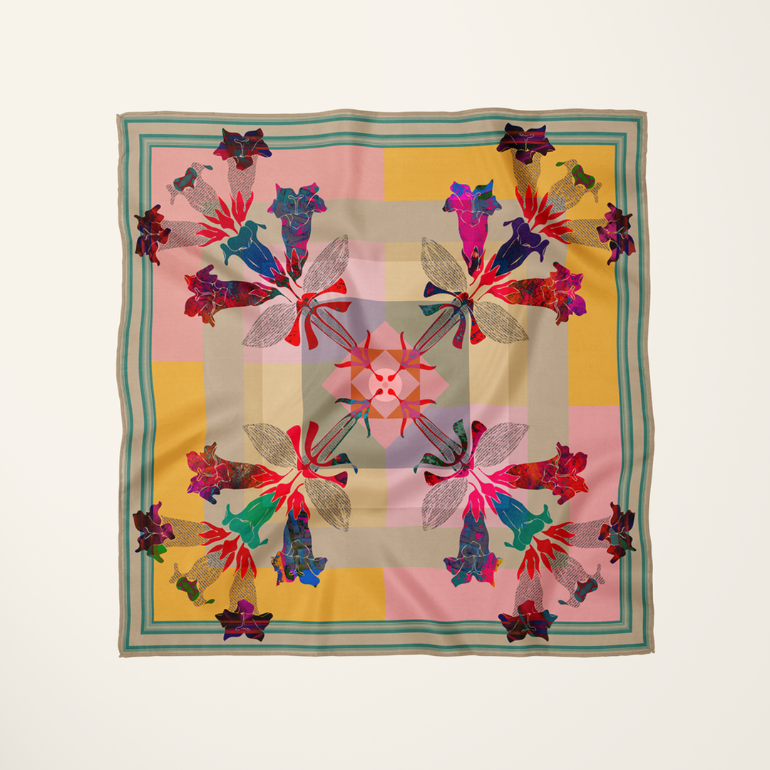 American Folk Art, Patchwork silk scarf—folk motifs in a tight symmetric repeat on silk habotai—Journal