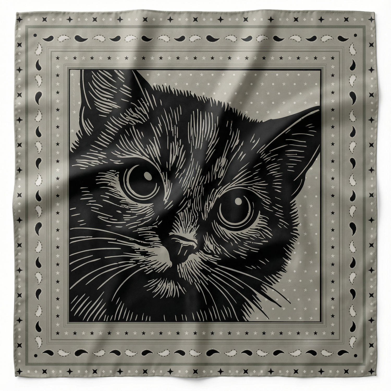 Founders Series silk scarves for cat lovers featuring Zohan's Woodcut Design with Stars & Paisley in black and gray colors.