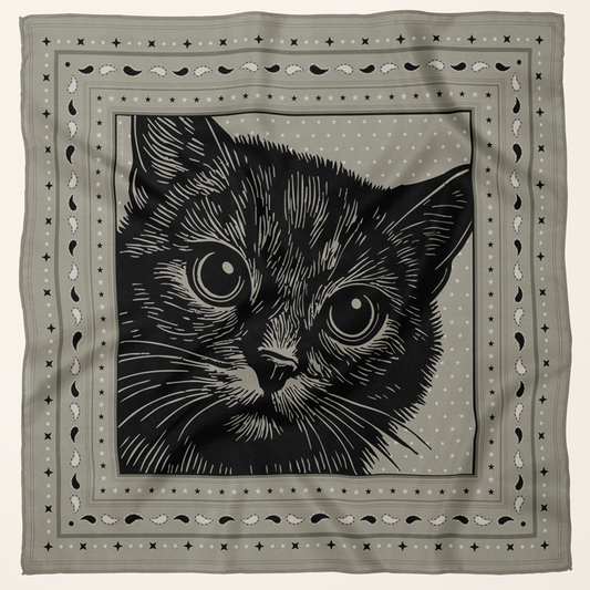Founders Series silk scarves–Le Chat Zohan and Le Chat Leeloo woodcut cat portrait designs by Leeloo + Zohan
