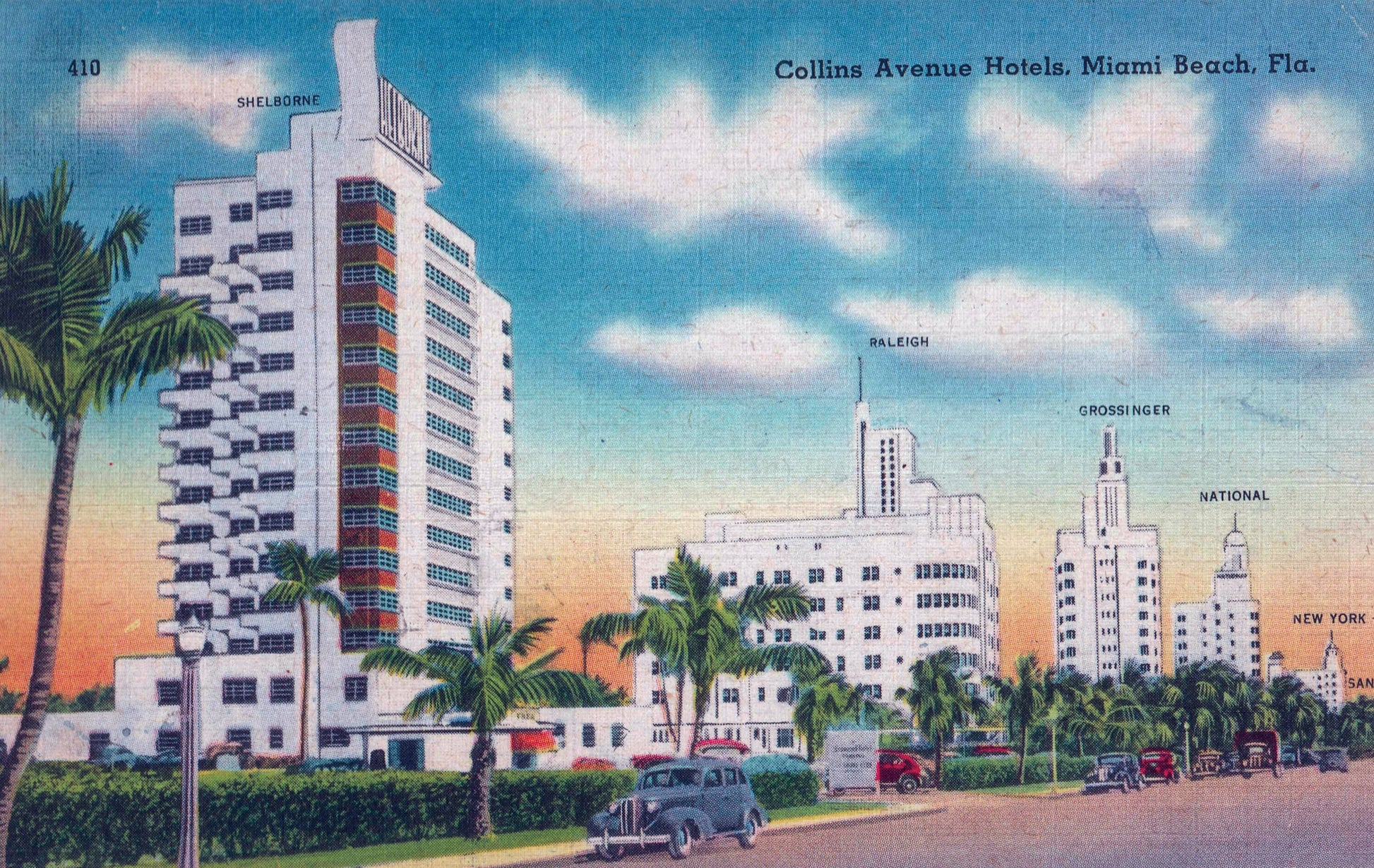 Original vintage “Collins Avenue Hotels, Miami Beach” postcard (1946), the source artwork—Scarf
