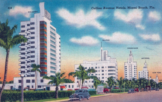 Original vintage “Collins Avenue Hotels, Miami Beach” postcard (1946), the source artwork—Square Scarf