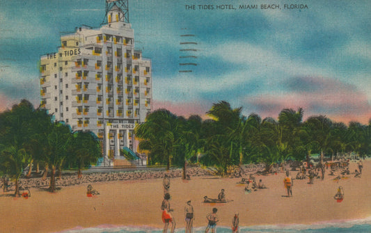 Vintage postcard of The Tides Hotel on Miami Beach Florida, inspiration for Beach People, Navy scarf by Leeloo + Zohan—Square Scarf