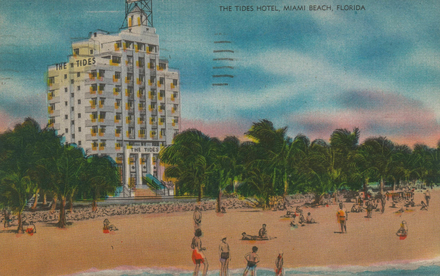 Original vintage “The Tides Hotel, Miami Beach” postcard (1951), the source artwork