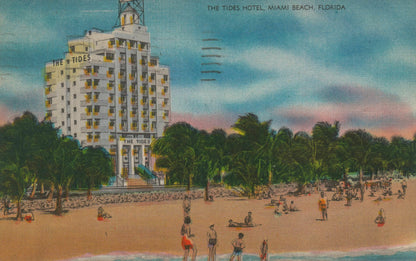 Original vintage “The Tides Hotel, Miami Beach” postcard (1951), the source artwork