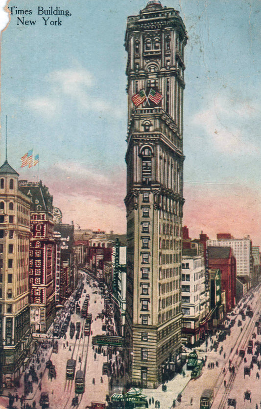Vintage Times Building New York postcard with aerial street scene inspiration for Manhattan Towers silk scarf collection by Leeloo + Zohan—Square Scarf