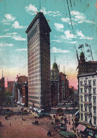 Vintage Flatiron Building New York postcard with street scene inspiration for Manhattan Towers silk scarf collection by Leeloo + Zohan
