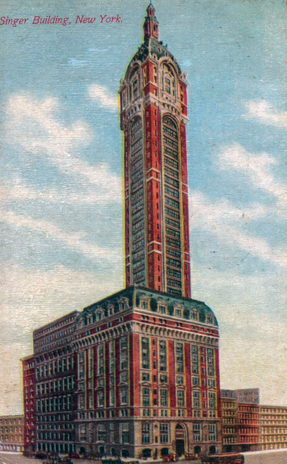 Vintage Singer Building New York postcard illustration inspiration for Manhattan Towers silk scarf collection by Leeloo + Zohan