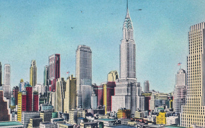 Vintage New York City skyline postcard featuring the Chrysler Building, inspiration for Egyptian P. Chrysler scarf by Leeloo + Zohan