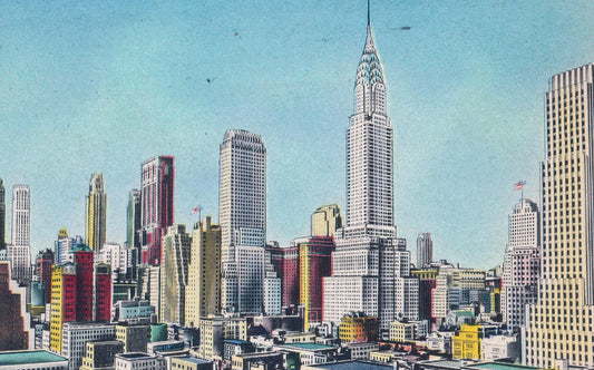 Vintage New York City skyline postcard featuring the Chrysler Building, inspiration for Egyptian P. Chrysler scarf by Leeloo + Zohan—Square Scarf