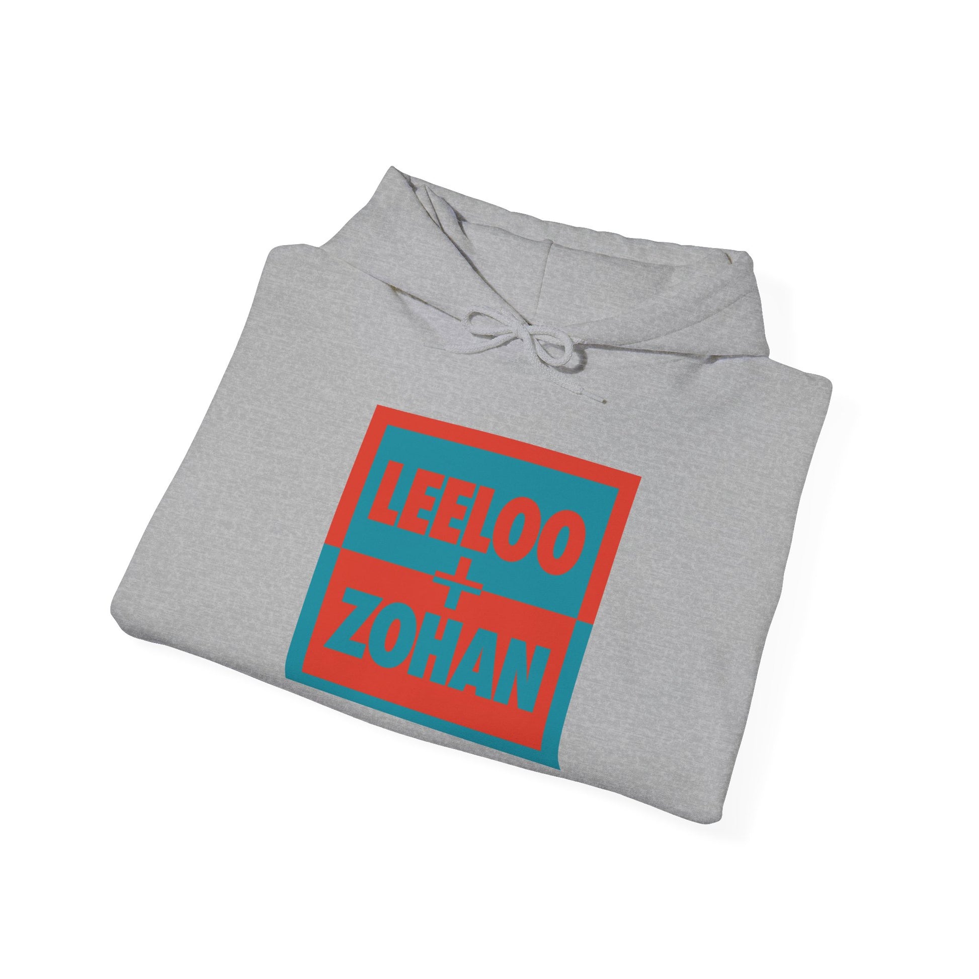 Unisex Heavy Blend Hooded Sweatshirt in gray folded showing Leeloo + Zohan graphic print by Leeloo + Zohan—Hoodie