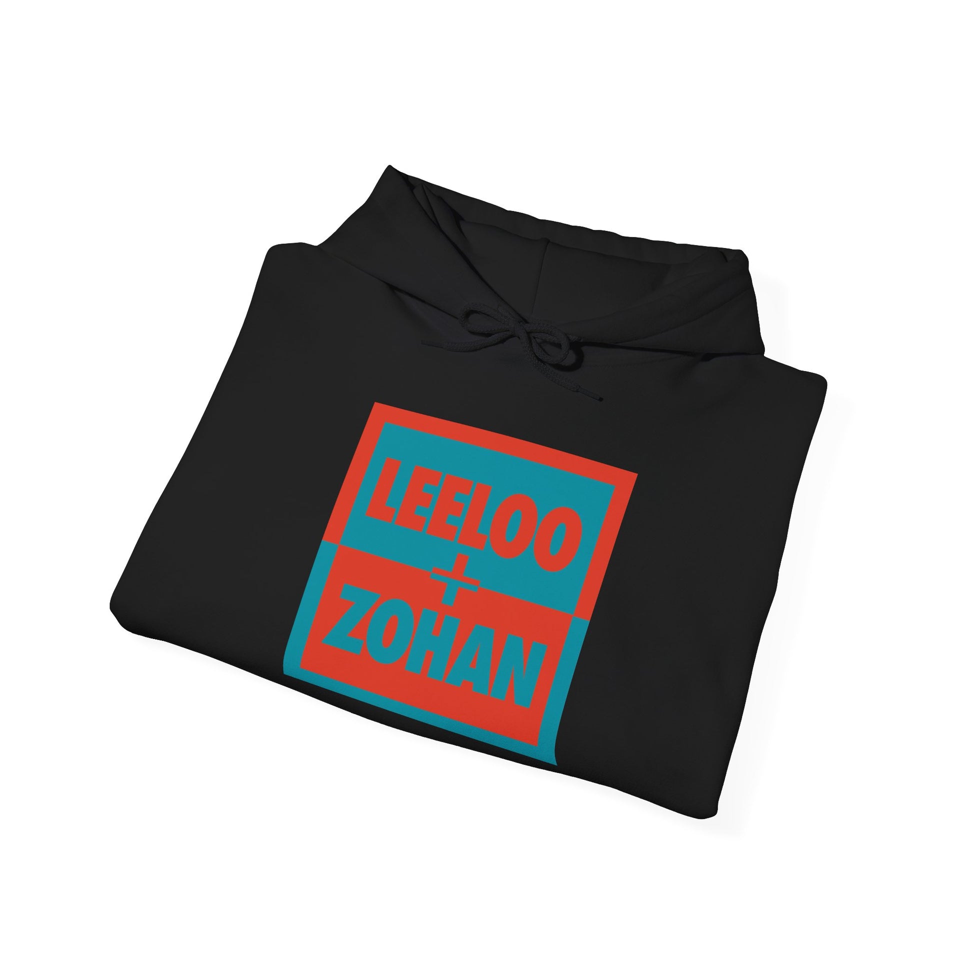 Unisex Heavy Blend Hooded Sweatshirt in black folded showing Leeloo + Zohan graphic print by Leeloo + Zohan—Hoodie