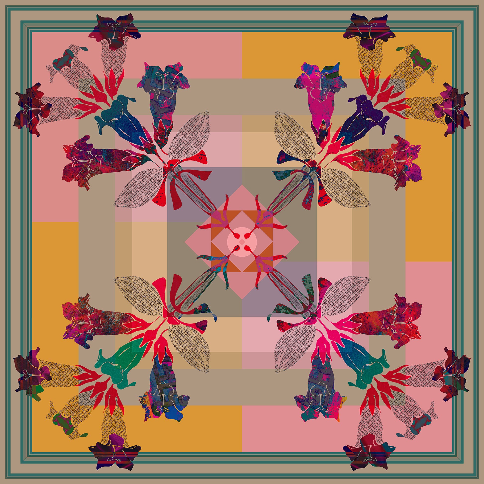 American Folk Art 100% Silk Scarf by Leeloo + Zohan featuring a handcrafted floral design in vibrant colors on a geometric background.