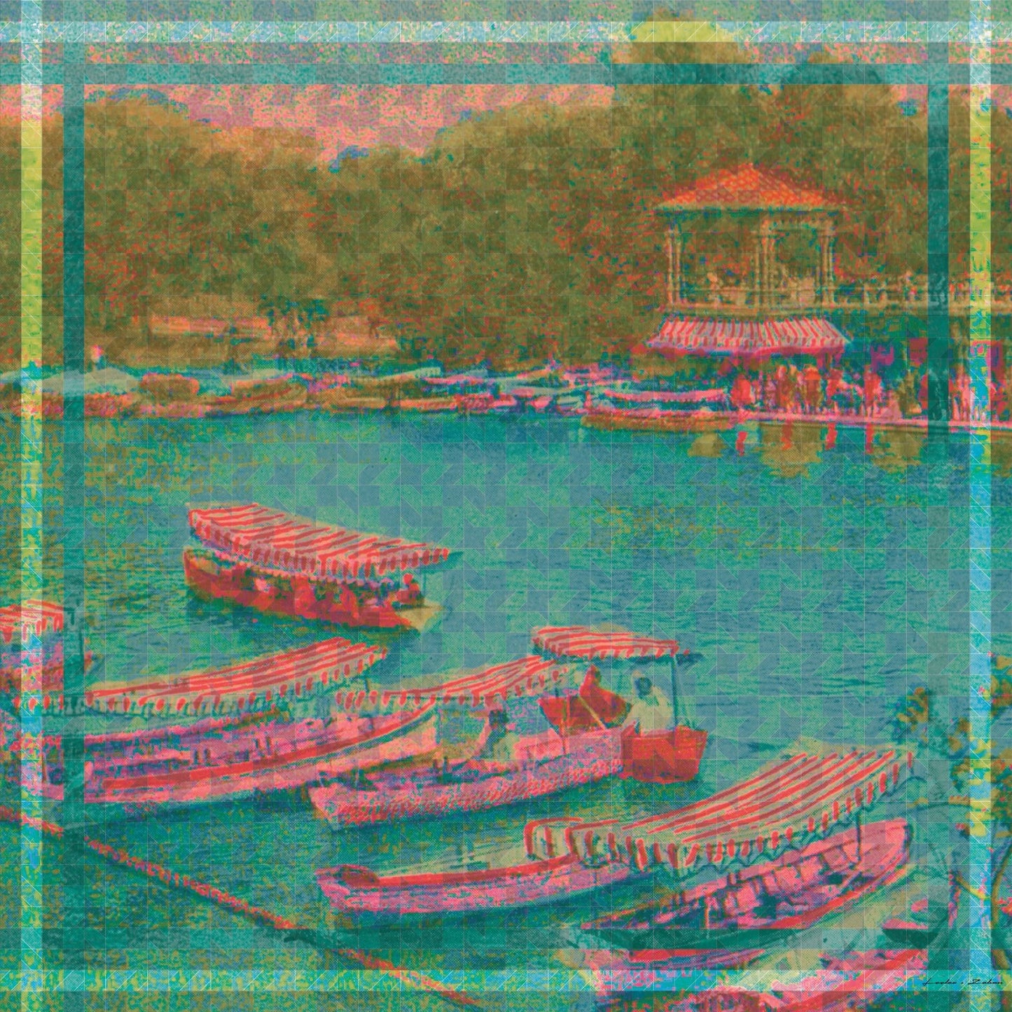 Silk habotai scarf featuring a 1910 archival photograph of the Boat House in Central Park, New York.