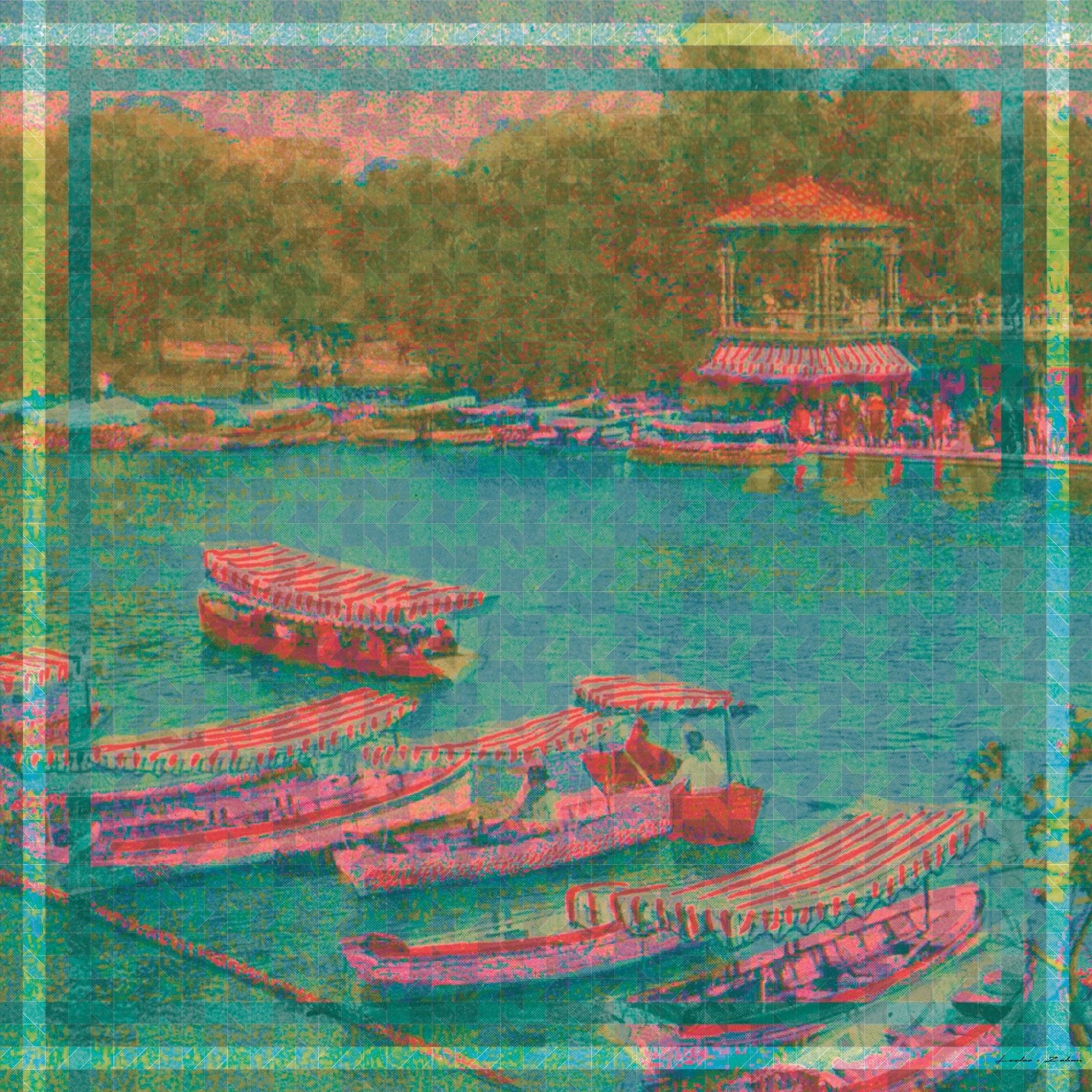 Silk habotai scarf featuring a 1910 archival photograph of the Boat House in Central Park, New York.—Silk Scarf