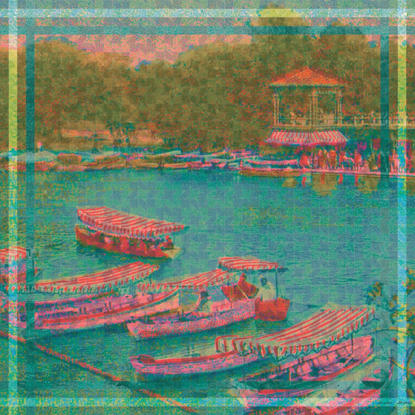 Silk habotai scarf featuring a 1910 archival photograph of the Boat House in Central Park, New York.
