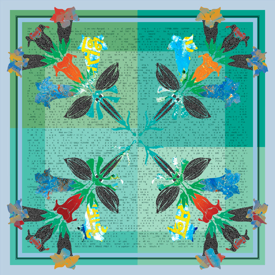 Vibrant floral design of a handcrafted American Folk Art Scarf by Leeloo + Zohan, showcasing bold colors and intricate patterns on 100% silk habotai.