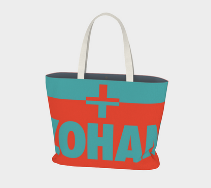 Market Tote back view with bold ZOHA! text and plus symbol in teal and red colorblock design by Leeloo + Zohan