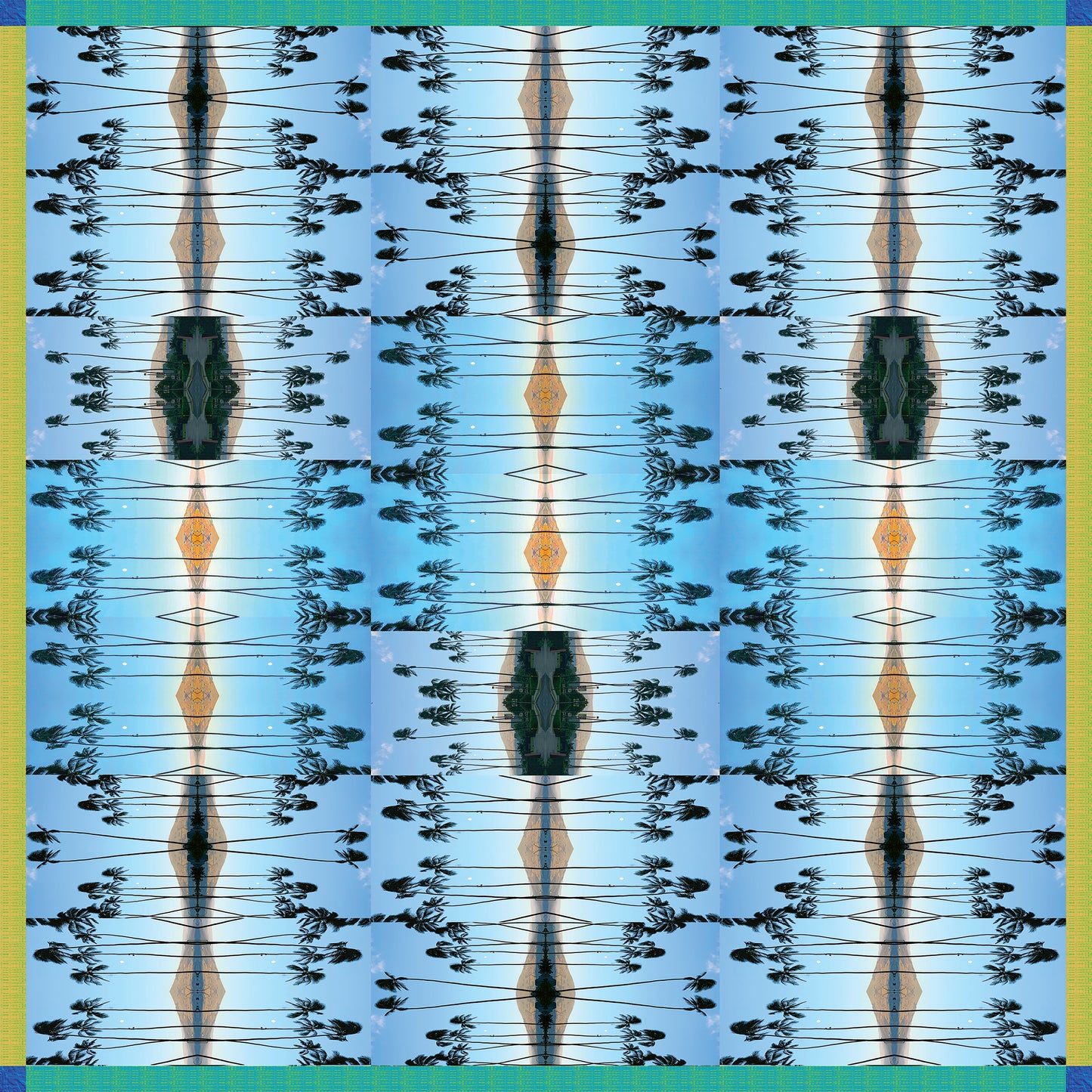 Colorful mirrored pattern scarf featuring images of Haleakalā Volcano and palm trees, designed by Leeloo + Zohan, titled Haleakalā Horizon.