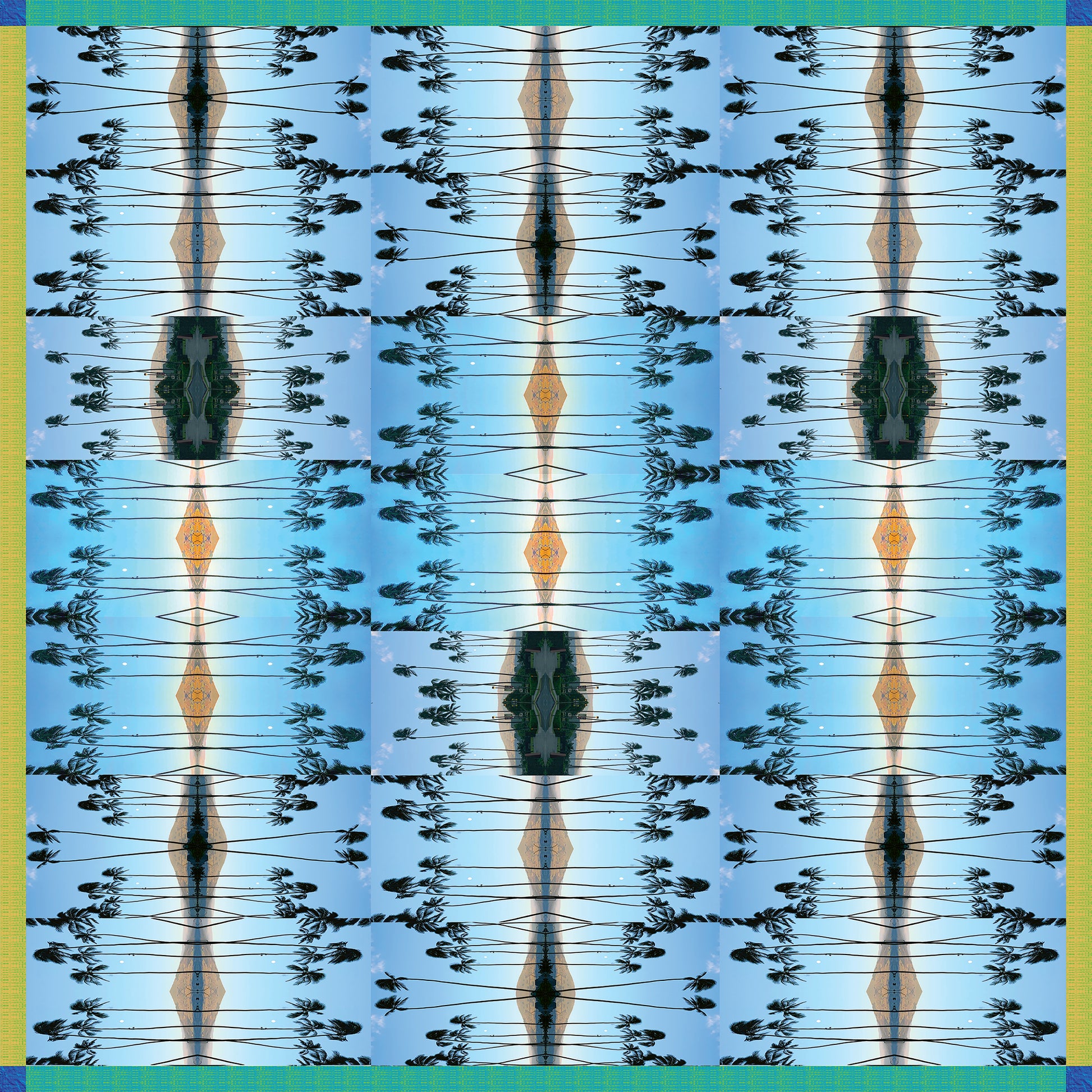 Colorful mirrored pattern scarf featuring images of Haleakalā Volcano and palm trees, designed by Leeloo + Zohan, titled Haleakalā Horizon.