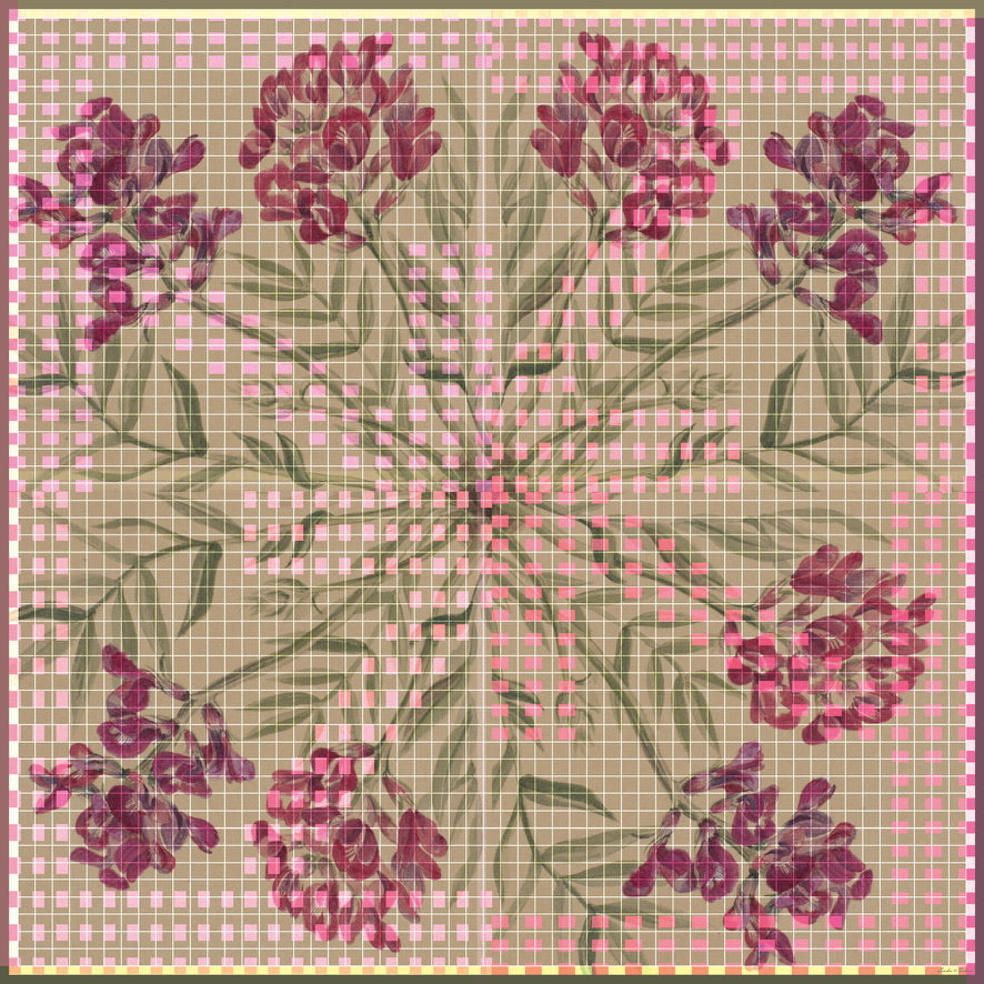 Silk scarf design featuring pink and magenta floral artwork on a taupe background, with geometric grid patterns, by Leeloo + Zohan, titled 'Smithsonian American Art Museum, Flowers from The Mesa'.