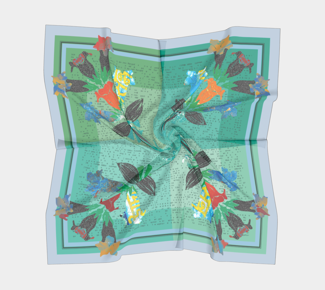 Handcrafted American Folk Art Scarf by Leeloo + Zohan displayed in a twisted position, highlighting its vibrant floral design and luxurious silk habotai texture.